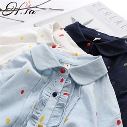 HSA White 100% Cotton Women School Shirt Ruffles Embroidery Blue Tops Ladies Blouses Long Sleeve Female Office Shirt 210716