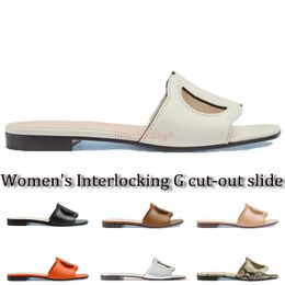 Women Cut-out Slide Designer Sandals Leather Slipper Flat Slides Girls Fashion Rubber Sandal Summer Beach shoes