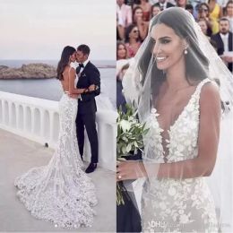 2022 Mermaid Wedding Dresses 3D Floral Lace Applique Sexy Backless Beach Sleeveless Sweep Train Custom Made Boho Wedding Gown vestidos de novia