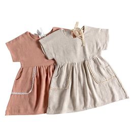 Girl's Dresses Baby Girls Holiday Cute Linen Dress Summer Solid Lace Pocket Sleeve Knee Length A-Line Wear BirthdayGirl's