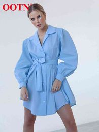 OOTN Elegant Blue Dress Loose Notched Office Belt Bow Lace Up Autumn Vestidos Puff Sleeve Single Breasted Mini Shirt Dress 2022 T220804