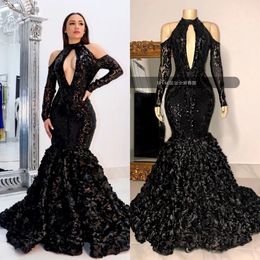 2022 2020 Black Tiered Skirts Prom Dresses African High Neck 3D Lace Flowers Sequined Evening Gowns Plus Size Reflective Dress