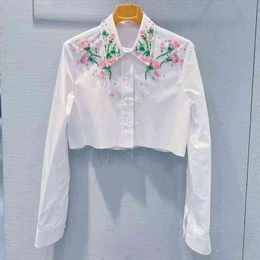 spring new Shirt French temperament heavy industry diamond studded nail bead flower white short long sleeve shirt