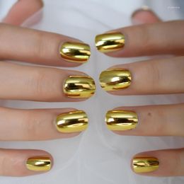 False Nails Gold Metallic Press On Short Round Tips Artificial Fake Glossy Punk Mirror Nail Women Manicure Art Tools Prud22