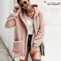 Nadafair Faux Women Hooded Winter Casual Teddy Coat Autumn Pockets Plus Size Fur Jacket Fleece Fluffy Overcoat Outwear T200506