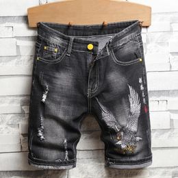 Jeans masculinos Summer homens de bordado personalizado Beachwear Beach Jean Fashion Loose Ripped Ripped Vintage Hip Hop Denim Short