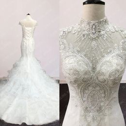 Real Image Romantic High Neck Short Sleeve Mermaid Wedding Dresses 2022 Gorgeous Appliques Ruffle Train Trumpet Bridal Dress