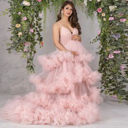 Rosa errötende Ballkleider für Frauen 2022, gestufte Umstandsroben für Fotoshooting, Spaghettiträger, Braut-Abendkleid