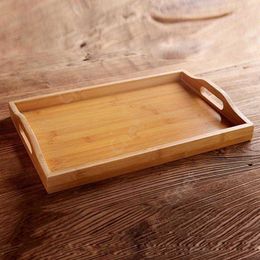new Wooden Bamboo Rectangular Serving Tray Kung Fu Tea Cutlery Trays Storage Pallet Fruit Plate with Handle 10pcs DAC465