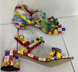 vintage style brand lady crystal Sandals multi Colour high heels Colourful gladiator sandals female chunky heel Party Shoes bling wedding footwear