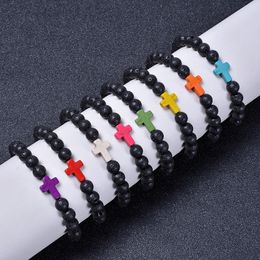 8MM Black Lava Stone Beads Colourful Cross charms Elastic Strand Bracelet Bangle for Women Men Jewellery