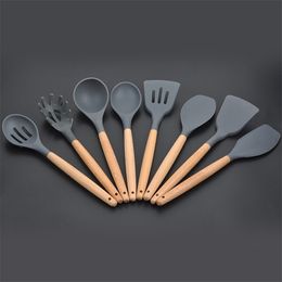 Silicone Wooden Handle Kitchen Set of 9 Non-stick Shovel Spoon Tool Set Shovel Soup Spoon Cooking Utensils Cooking Gadgets T200415