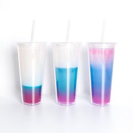 Tumbler Rainbow Colour Changing 710ML Cups Coffee Mugs BPA Free Plastic Diamond lids Water Bottle with Straw Double Wall Drinking Cup Wholesale 0421