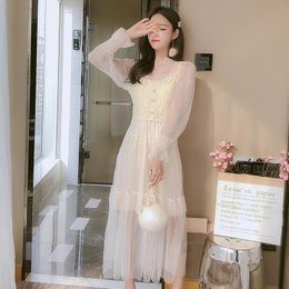 Casual Dresses 2022 Women Mesh Dress Stand Ruffles Neck Sequins Applique Thin Voile Princess Female Elegant Long Sleeves Puff