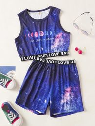 Girls Galaxy Print Contrast Letter Tape Tank Top & Shorts SHE