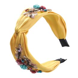 Full Rhinestone Flower Fabric Headbands Fashion Hair Accessories Women Rhinestone Yellow Blue Wide Side Knotted Hair Band