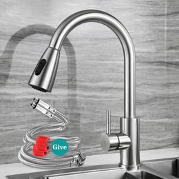 Kitchen Faucets Brushed Nickel Faucet Single Hole Pull Out Spout Sink Mixer Tap Stream Sprayer Head Chrome/Black TapKitchen