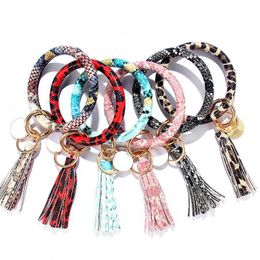 Family PU Leather Key Chain Adult Children Circle Tassel Bracelet Wristlet Keychains Snake Leopard Ring Wrist 21colors