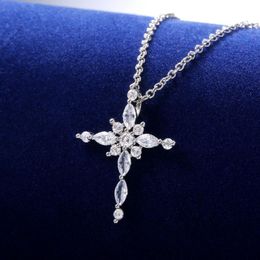 Pendant Necklaces Cross Inlaid Zircon Ladies Necklace Religious Jewelry Fashion Silver Color Chain For Women WholesalePendant