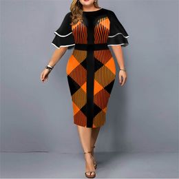 Elegant Geometric Print Plus Size Dress for Year Spring Layered Short Sleeve Dress Women Midi Evening Party Dresse 5XL 220527