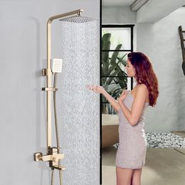 Luxury Brushed Golden Bathroom Shower Faucet Wall Mounted 8" Thermostatic Shower Set Square Rainfall Water Bath Spout