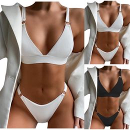 Women's Swimwear Two Pieces Bikini Set Women's Swimsuit 2022 High Waist Buckle Filled Bra Thong Beach Bathing Suit Beachwear