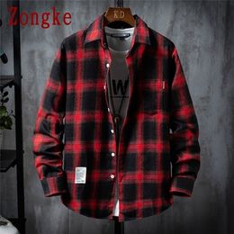 Zongke Casual Shirts For Men Clothing Fashion Long Sleeve Plaid Harajuku Checkered M-3XL 220321