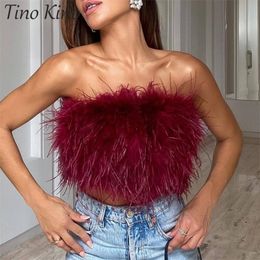 Sexy Women Furry Crop Top Camis Ostrich Feather Tank Tunic Vest Female Sleeveless Bra Party Ladies Tube Cropped Corset 220316