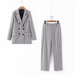 Women's Suits & Blazers Women Stylish Double Breasted Blazer Suit Pockets Long Sleeve Coat Plaid Set Vintage Office Wear Two Piece