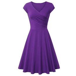 Casual Dresses Fashion Elegant Dress Women Solid Colour V Neck Short Sleeve Plated Swing Party Banquet DressCasual