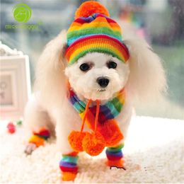 Dog Apparel Set Winter Pet Scarf/Hat/Foot Covers Handmade Knitted Christmas Accessories For Dogs Puppy Keep Warm Pink/Yellow/RainbowDog Appa