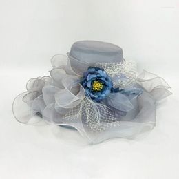 Wide Brim Hats Women Mesh Veil Sun Hat Ruffles Artificial Flower Feather Large Tea Party Wedding Fascinator Cap D08E Elob22