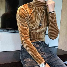 Autumn Winter Turtleneck Velvet T-Shirt Men Slim Striped Casual Tight T-Shirt Men Long Sleeve Club Clothing Camiseta Homme L220704