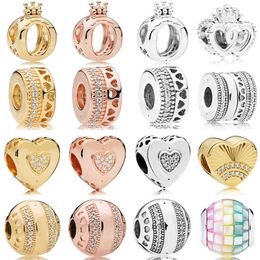 2019 NEW 100% 925 Sterling Silver Signature Crown Heart Round Charm Shine Gold Clear CZ Bead DIY Bracelet Original Women Jewellery AA220315