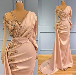 Arabic V Neck Satin Long Sleeves Mermaid Evening Dresses 2022 Sheer Tulle Beaded Rhinestones Ruched Sweep Train Prom Gowns BC10607