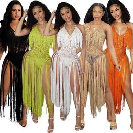 Women's Swimwear 2022 Hollow Out Knitted Jumpsuit Women Crochet Long Fringe Bikini Bathing Suit Cover-ups Ladies Casual Beachwear