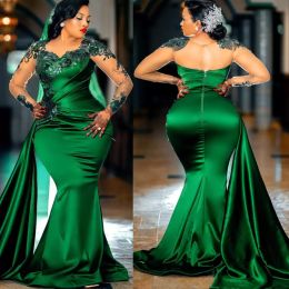 2022 Plus Size Arabic Aso Ebi Green Mermaid Sexy Prom Dresses Lace Sheer Neck Evening Formal Party Second Reception Birthday Engagement Gowns Dress