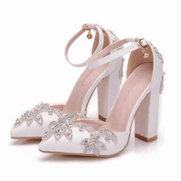 Crystal Queen White 11CM Rhinestone Sandals Pointed Shoes Women Sweet Luxury Platform Wedding High Heels G220520