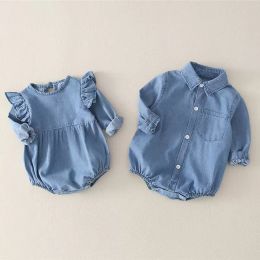Ins Baby Romper Jumpsuits Cotton Denim Girl Boy Long Sleeves Newborn Toddler Onesie For Spring Autumn