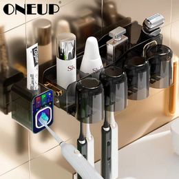 makeup toothbrush Canada - ONEUP Wall Mounted Toothbrush Holder Dustproof Automatic Toothpaste Squeeze Dispenser Makeup Storage Rack Bathroom Accessories 220808
