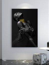 Black Women With Wide Golden Necklace Canvas Painting Modern Posters And Prints Wall Art Picture For Living Room Cuadros Decor