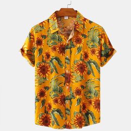 Men's Casual Shirts Summer Sunflower Print Men's Fashion Beach Hawaiian Vacation Tops Party WearMen's