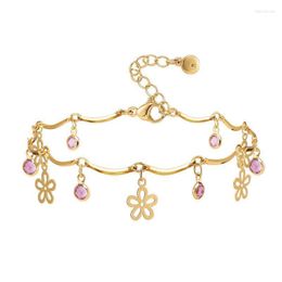 Anklets European And American Ladies Pink Zircon Anklet Copper Plated 18K Real Gold Small Fresh Flower Pendant Marc22