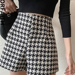 Colorfaith Wide Leg High Waist Fashionable Woollen Tweed Chequered Lady Spring Winter Women Shorts Short Trousers P1257 220427