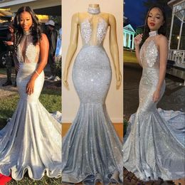 New Sparkly Sequined Sexy Mermaid Prom Dresses Silver Sequins High Neck Keyhole Sequined Backless Court Train Party Dress Evening Gowns