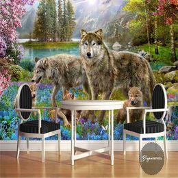 Custom 3D Wallpaper Grey wWolf Dogs Modern Beautiful Peach Blossom Wallpaper Nnon-Woven Walls mural