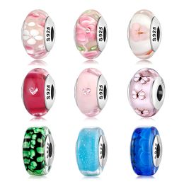 925 Silver Fit Pandora Charm 925 Bracelet Silver Pink heart Murano Glass Beads charms set Pendant DIY Fine Beads Jewelry