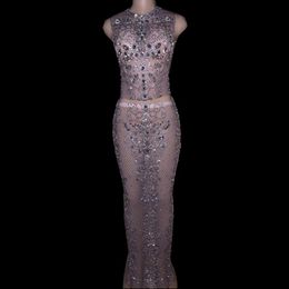 Stage Wear Sparkly Crystals Mesh Two Piece Set Top And Skirt Women Evening Party Rhinestones Dress Birthday Celebrate Outfit CostumeStage