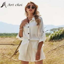 Summer Spring Two Piece Set Tracksuit Casual Outfit Suits Women White Shirt Blouse Tops Cotton Linen Shorts Pants 2 Sets 220509