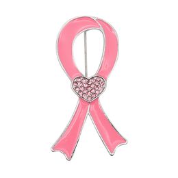 10 Pcs/Lot Custom Brooches Pink Enamel Ribbon Shape Heart Rinestone Breast Cancer Awareness Medical Pins